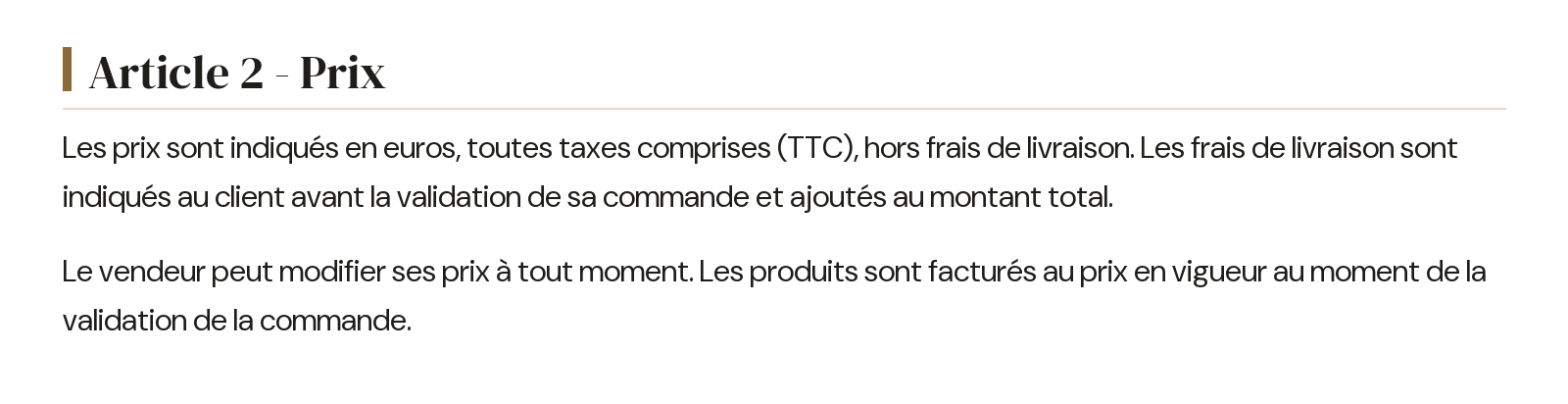 Conditions générales de vente - Article 2 - Prix