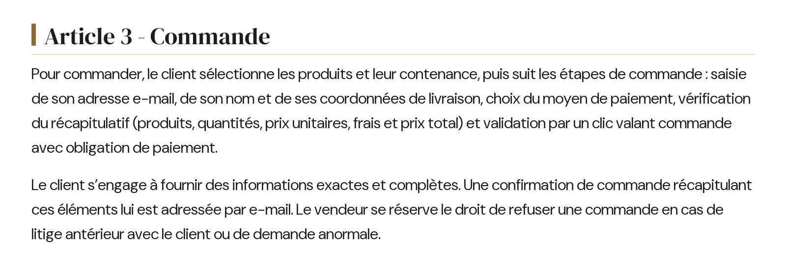 Conditions générales de vente - Article 3 - Commande