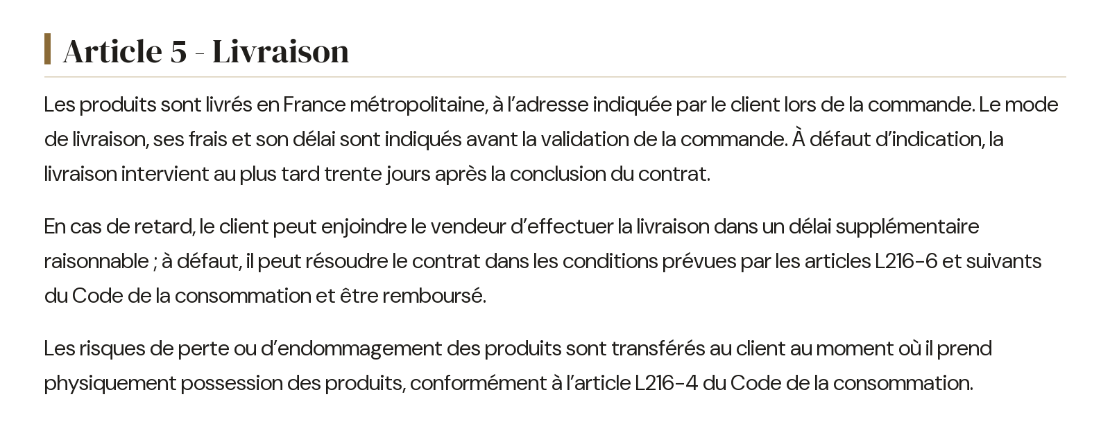 Conditions générales de vente - Article 5 - Livraison