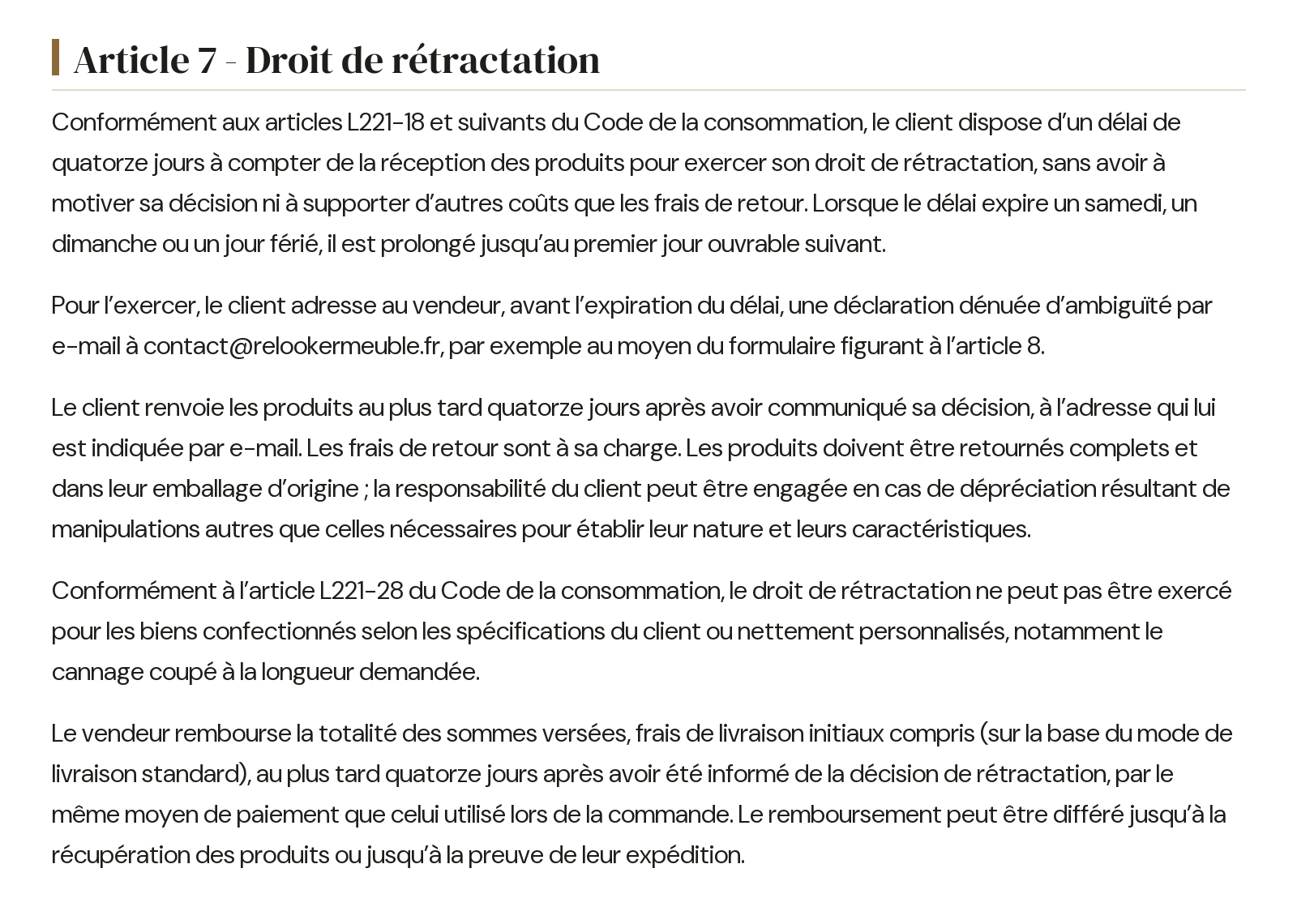 Conditions générales de vente - Article 7 - Droit de rétractation