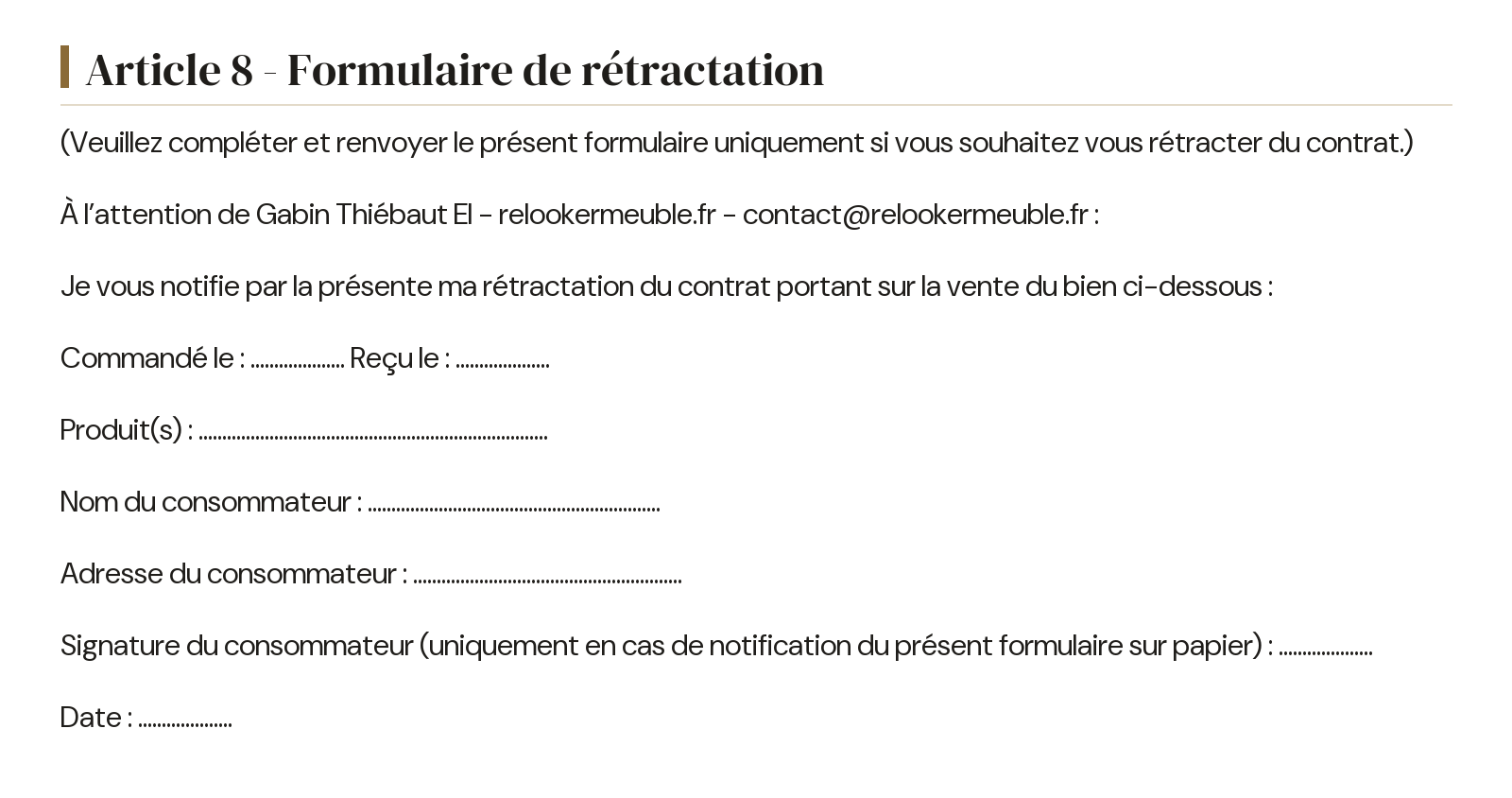 Conditions générales de vente - Article 8 - Formulaire de rétractation