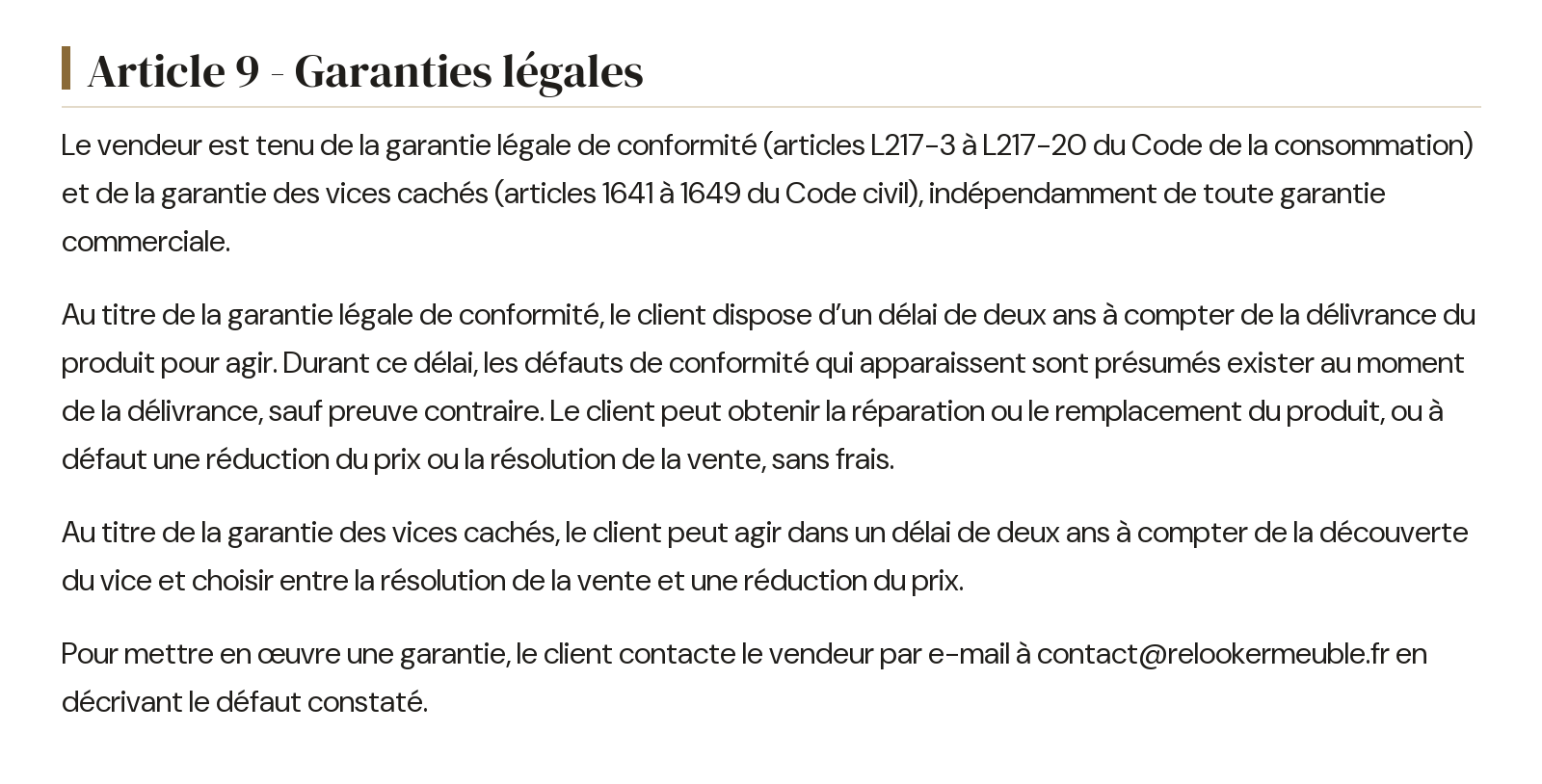 Conditions générales de vente - Article 9 - Garanties légales
