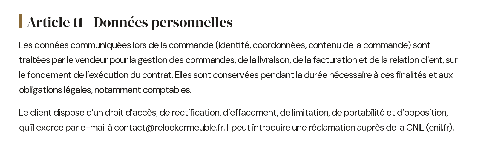 Conditions générales de vente - Article 11 - Données personnelles